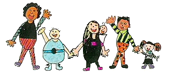 A cheerful colored hand-drawn graphic of five various sized people waving.